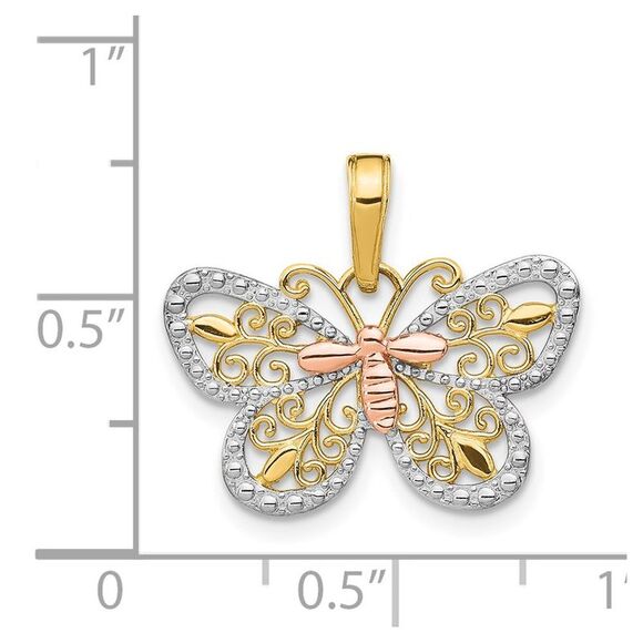 14k Yellow Gold Two-tone w/White Rhodium Diamond-cut Butterfly Pendant